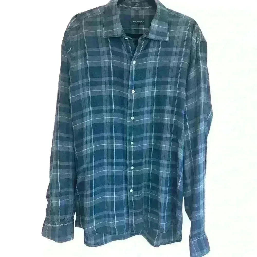 Men's Peter Milar Linen Plaid Button Up Size L Blue